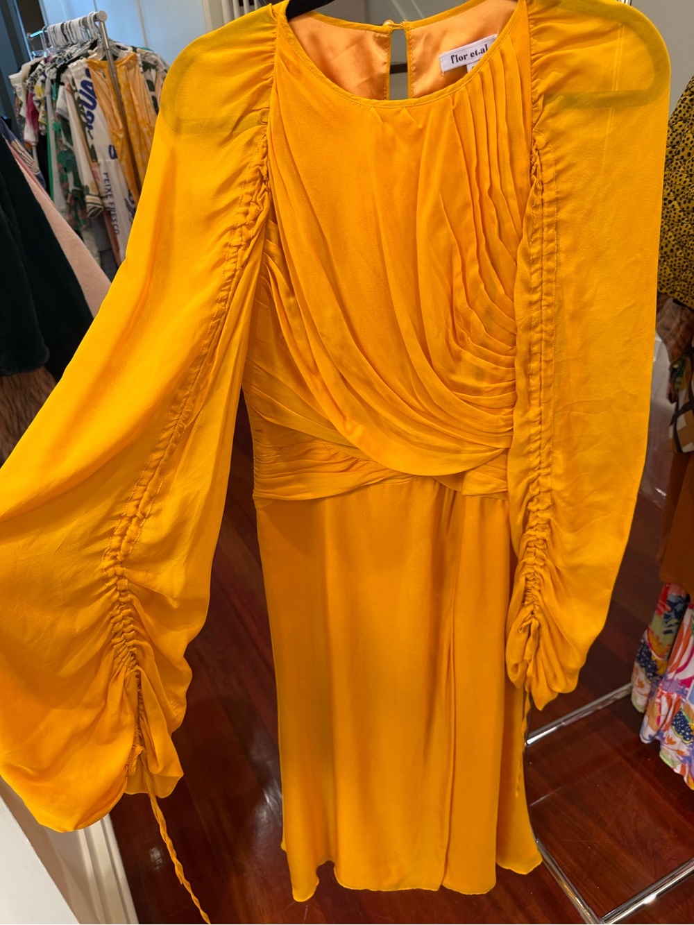Floral Et Al Mustard Yellow Draped Maxi Dress with Ruched Bishop Sleeves
